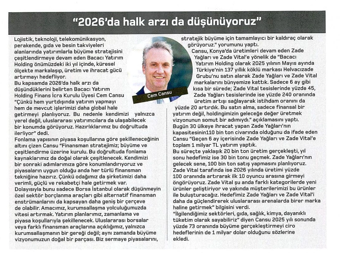 Para dergisinde yayımlanan '2026’da halka arzı da düşünüyoruz' haber küpürü