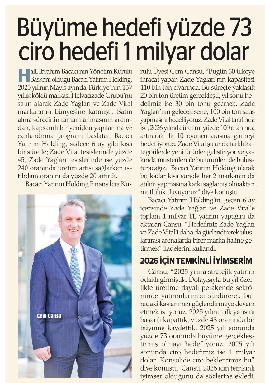 Analiz dergisinde yayımlanan 'Büyüme hedefi %73, ciro hedefi 1 milyar dolar!' haber küpürü