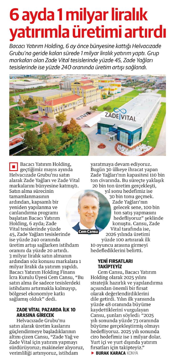 Yeni Şafak’ta yayımlanan '6 ayda 1 milyar liralık yatırımla üretimi artırdı' haber küpürü